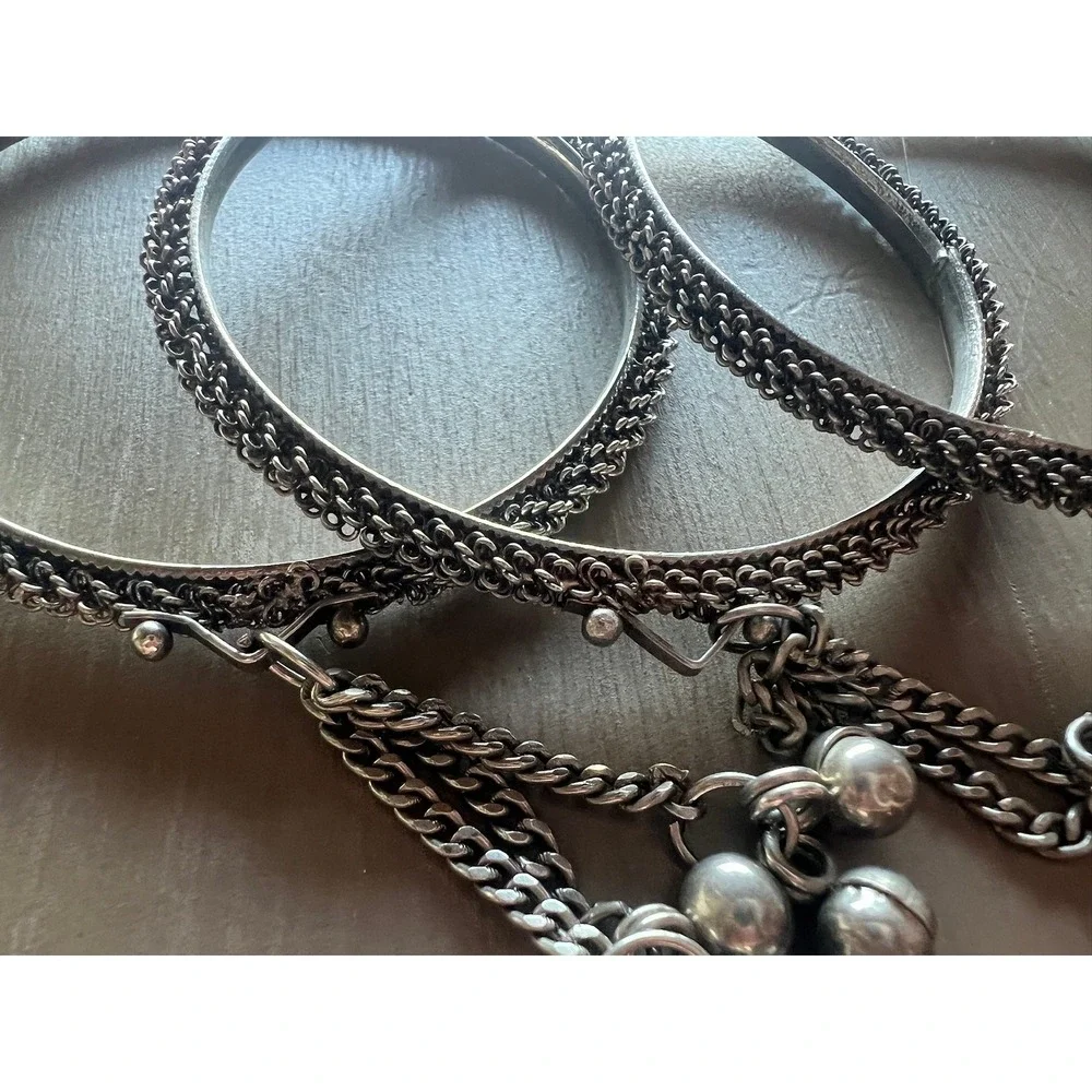 Bangle Bracelet Set 3pc Silver Tone Jingle Bell Charms Boho Ethnic Festival